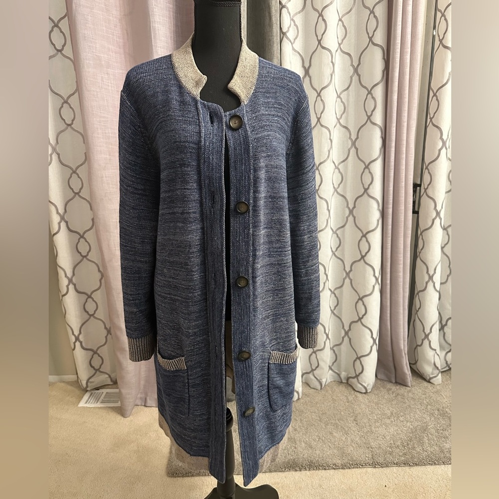 J. Jill Linen Blend Duster Button Down Cardigan w/ Front Pockets Blue Beige XL